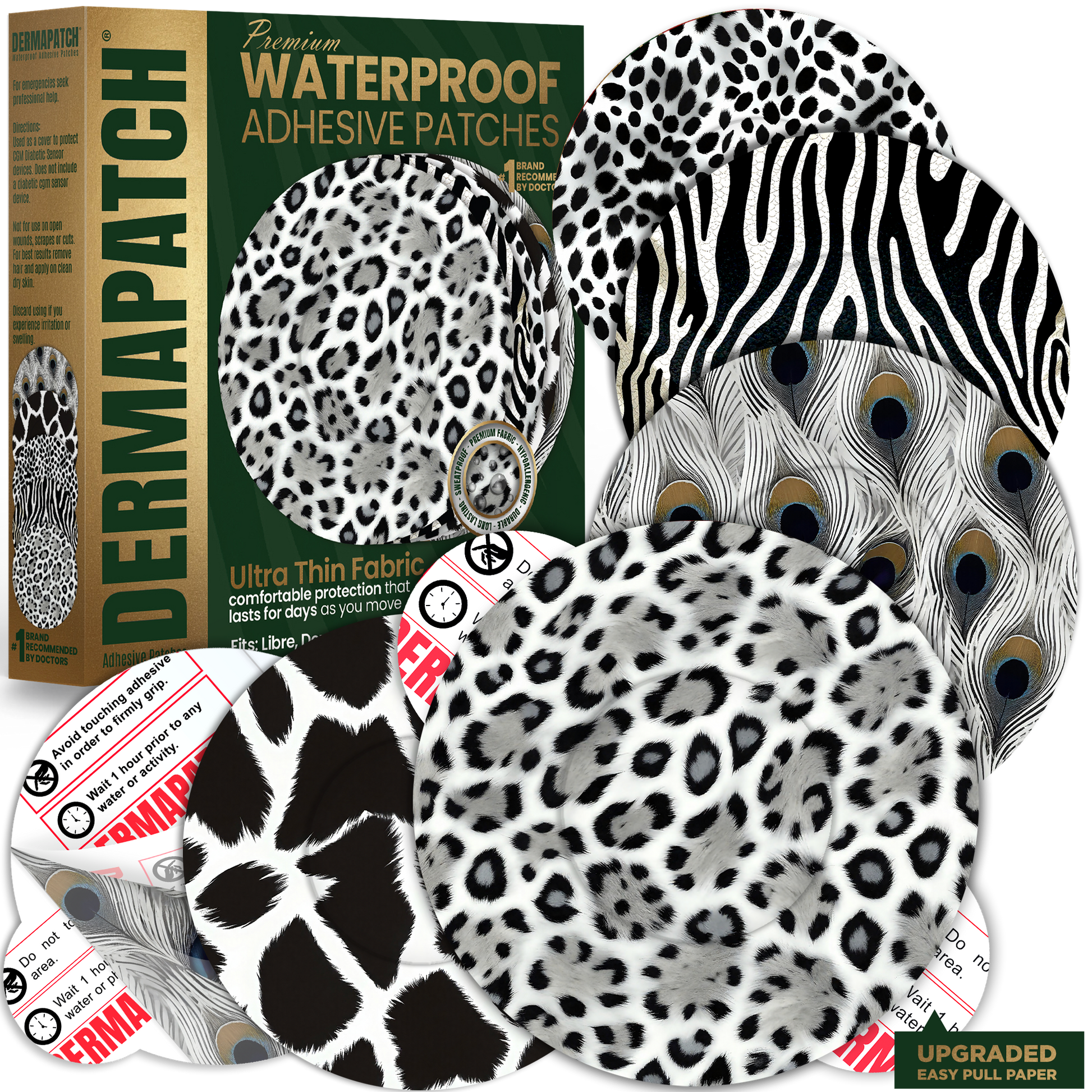 DermaPatch® White Animal Skin Patterns CGM Sensor Covers – Waterproof Adhesive Patches for Libre 3, Libre 2 & Dexcom G7/G6 (No Glue Center, 14-Day Hold) - 20 Pack