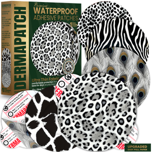 DermaPatch® White Animal Skin Patterns CGM Sensor Covers – Waterproof Adhesive Patches for Libre 3, Libre 2 & Dexcom G7/G6 (No Glue Center, 14-Day Hold) - 20 Pack