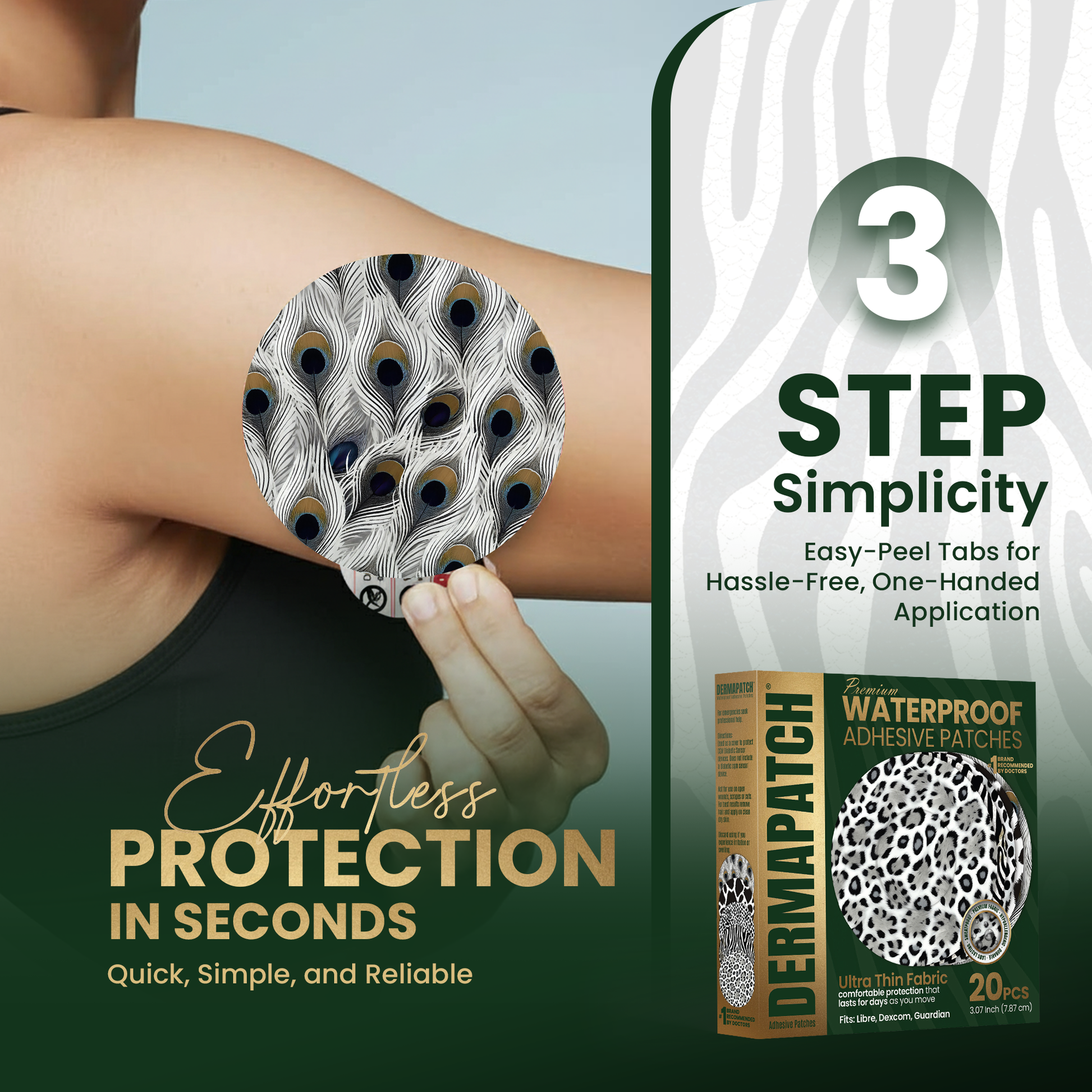 DermaPatch® White Animal Skin Patterns CGM Sensor Covers – Waterproof Adhesive Patches for Libre 3, Libre 2 & Dexcom G7/G6 (No Glue Center, 14-Day Hold) - 20 Pack