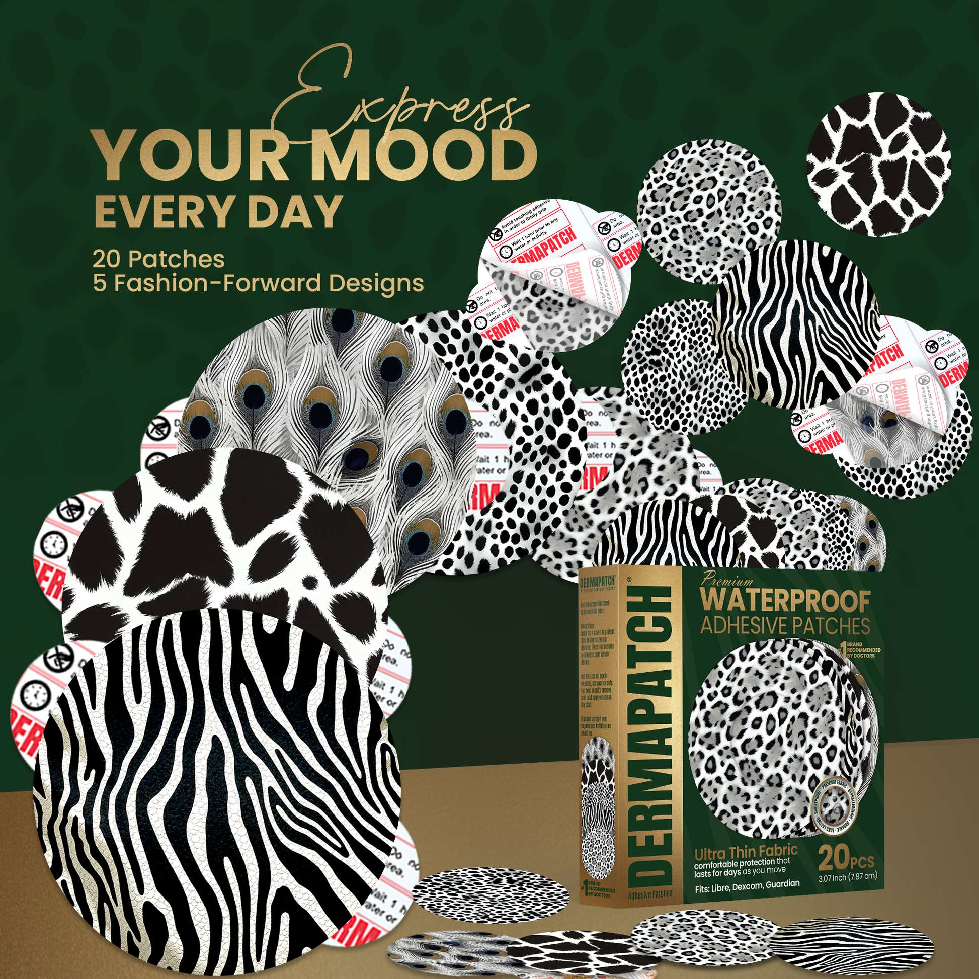 DermaPatch® White Animal Skin Patterns CGM Sensor Covers – Waterproof Adhesive Patches for Libre 3, Libre 2 & Dexcom G7/G6 (No Glue Center, 14-Day Hold) - 20 Pack