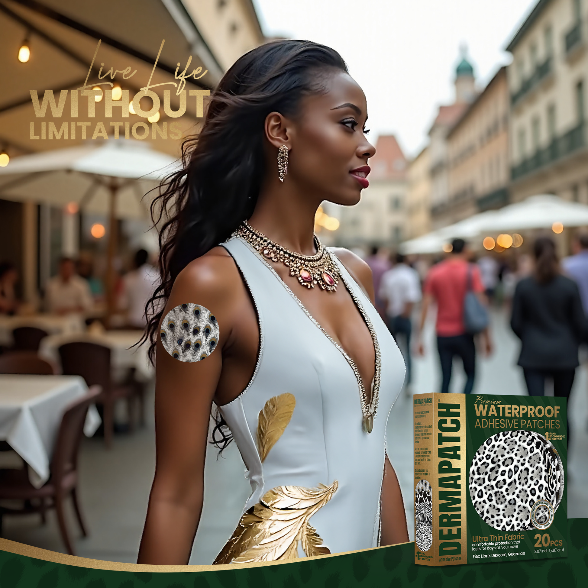 DermaPatch® White Animal Skin Patterns CGM Sensor Covers – Waterproof Adhesive Patches for Libre 3, Libre 2 & Dexcom G7/G6 (No Glue Center, 14-Day Hold) - 20 Pack