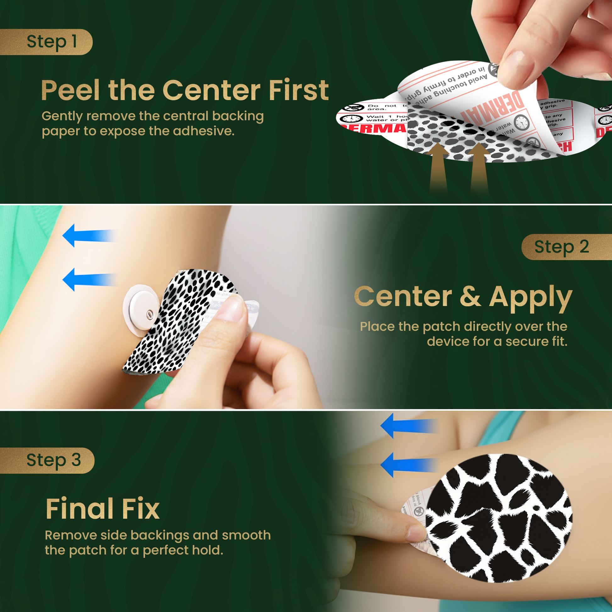 DermaPatch® White Animal Skin Patterns CGM Sensor Covers – Waterproof Adhesive Patches for Libre 3, Libre 2 & Dexcom G7/G6 (No Glue Center, 14-Day Hold) - 20 Pack