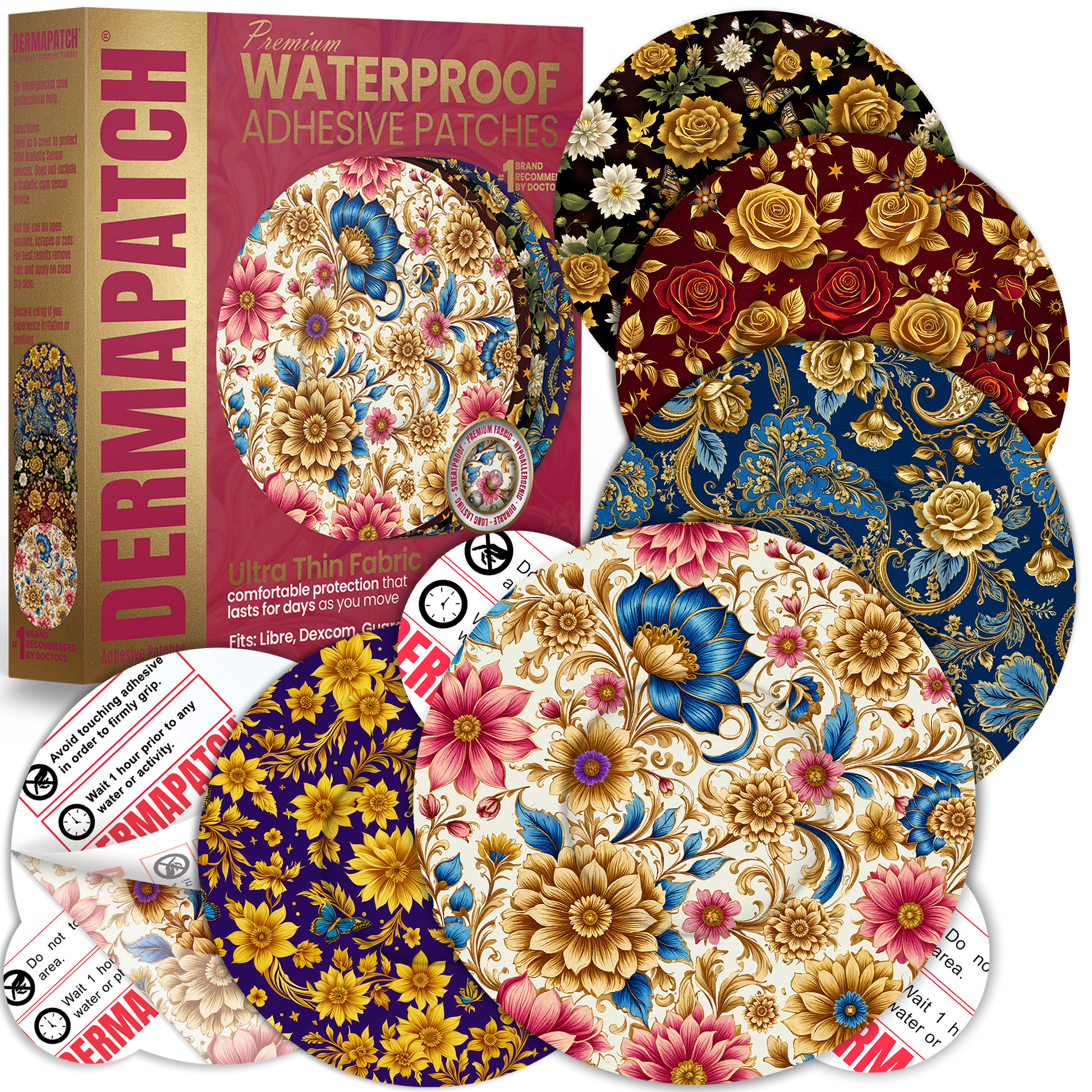 DermaPatch® Floral CGM Sensor Covers – Waterproof Adhesive Patches for Libre 3, Libre 2 & Dexcom G7/G6 (No Glue Center, 14-Day Hold) - 20 Pack