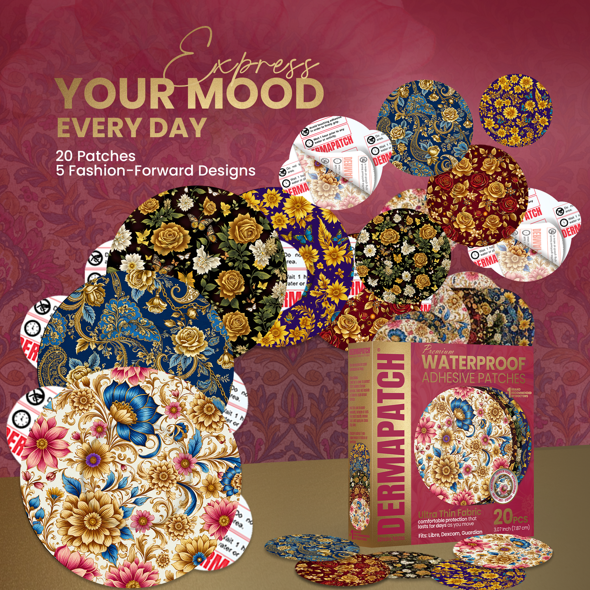 DermaPatch® Floral CGM Sensor Covers – Waterproof Adhesive Patches for Libre 3, Libre 2 & Dexcom G7/G6 (No Glue Center, 14-Day Hold) - 20 Pack