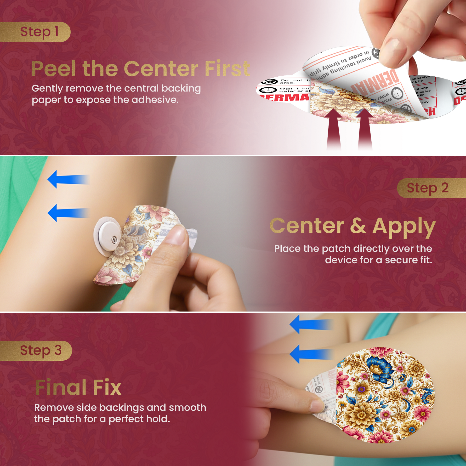 DermaPatch® Floral CGM Sensor Covers – Waterproof Adhesive Patches for Libre 3, Libre 2 & Dexcom G7/G6 (No Glue Center, 14-Day Hold) - 20 Pack