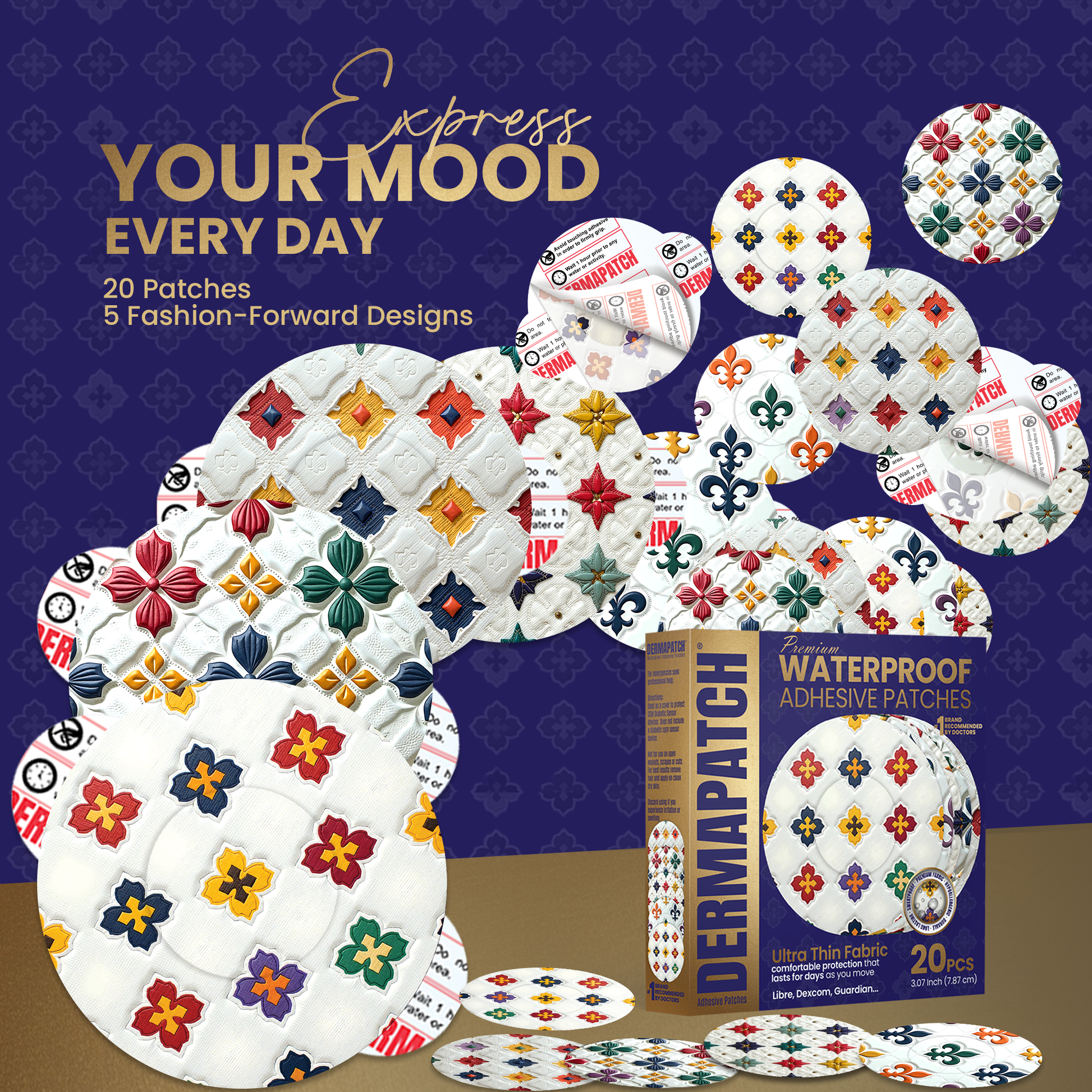 DermaPatch® Luxury Design CGM Sensor Covers – Waterproof Adhesive Patches for Libre 3, Libre 2 & Dexcom G7/G6 (No Glue Center, 14-Day Hold) - 20 Pack