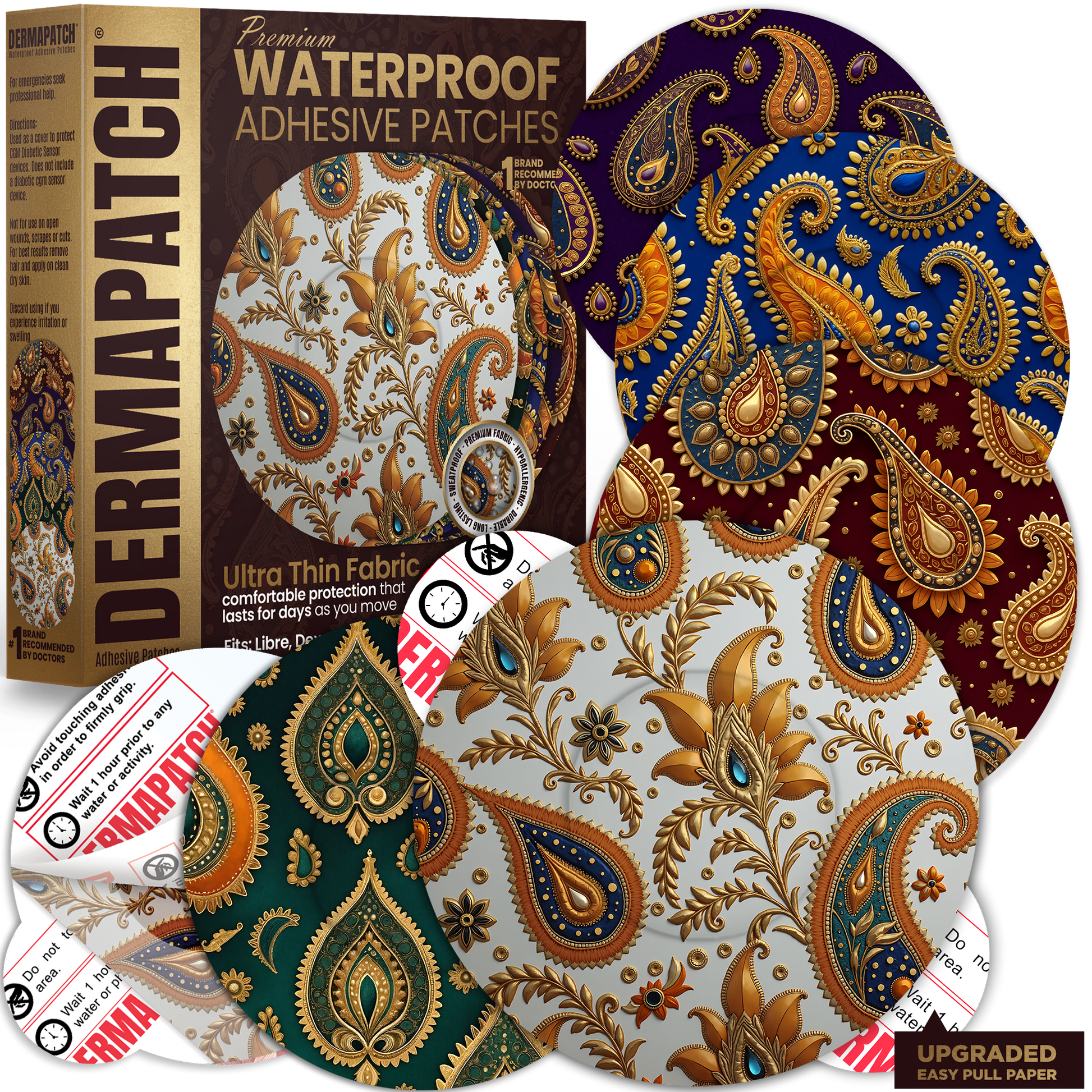 DermaPatch® Paisley CGM Sensor Covers – Waterproof Adhesive Patches for Libre 3, Libre 2 & Dexcom G7/G6 (No Glue Center, 14-Day Hold) - 20 Pack