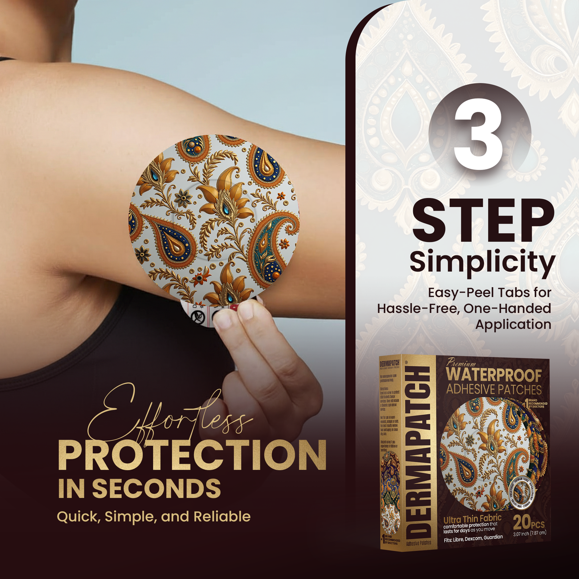 DermaPatch® Paisley CGM Sensor Covers – Waterproof Adhesive Patches for Libre 3, Libre 2 & Dexcom G7/G6 (No Glue Center, 14-Day Hold) - 20 Pack