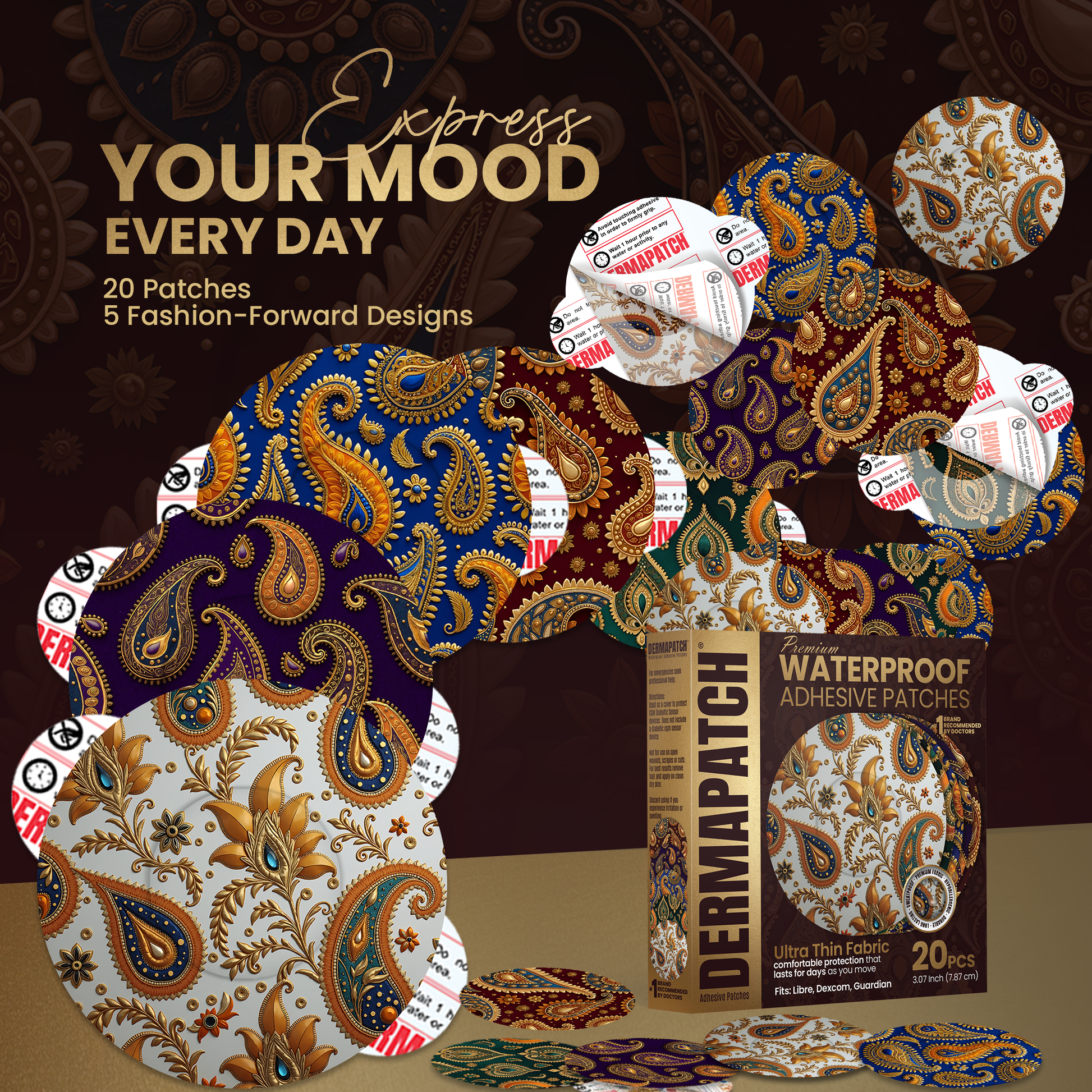 DermaPatch® Paisley CGM Sensor Covers – Waterproof Adhesive Patches for Libre 3, Libre 2 & Dexcom G7/G6 (No Glue Center, 14-Day Hold) - 20 Pack