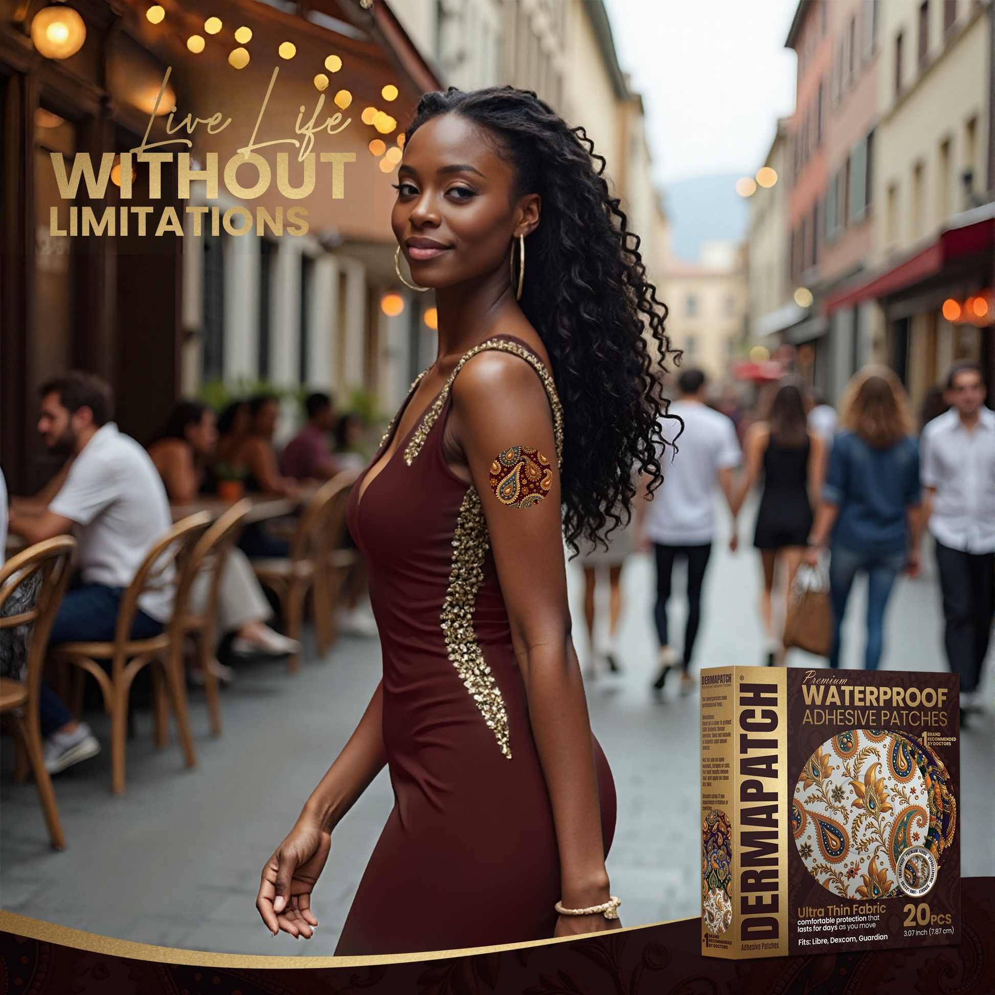 DermaPatch® Paisley CGM Sensor Covers – Waterproof Adhesive Patches for Libre 3, Libre 2 & Dexcom G7/G6 (No Glue Center, 14-Day Hold) - 20 Pack