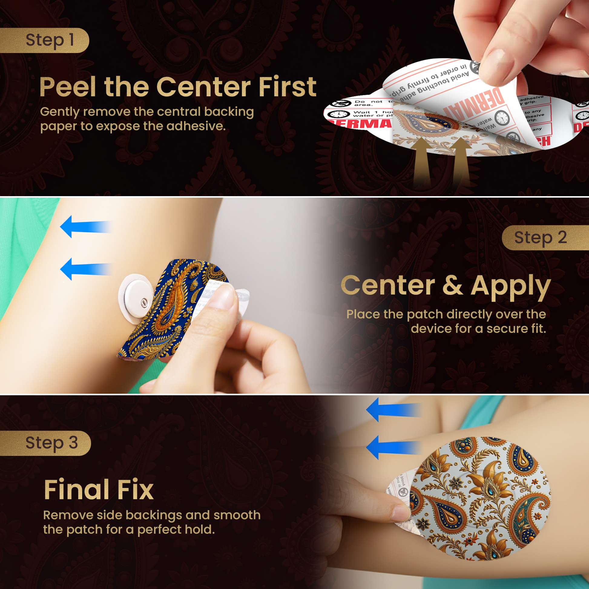 DermaPatch® Paisley CGM Sensor Covers – Waterproof Adhesive Patches for Libre 3, Libre 2 & Dexcom G7/G6 (No Glue Center, 14-Day Hold) - 20 Pack