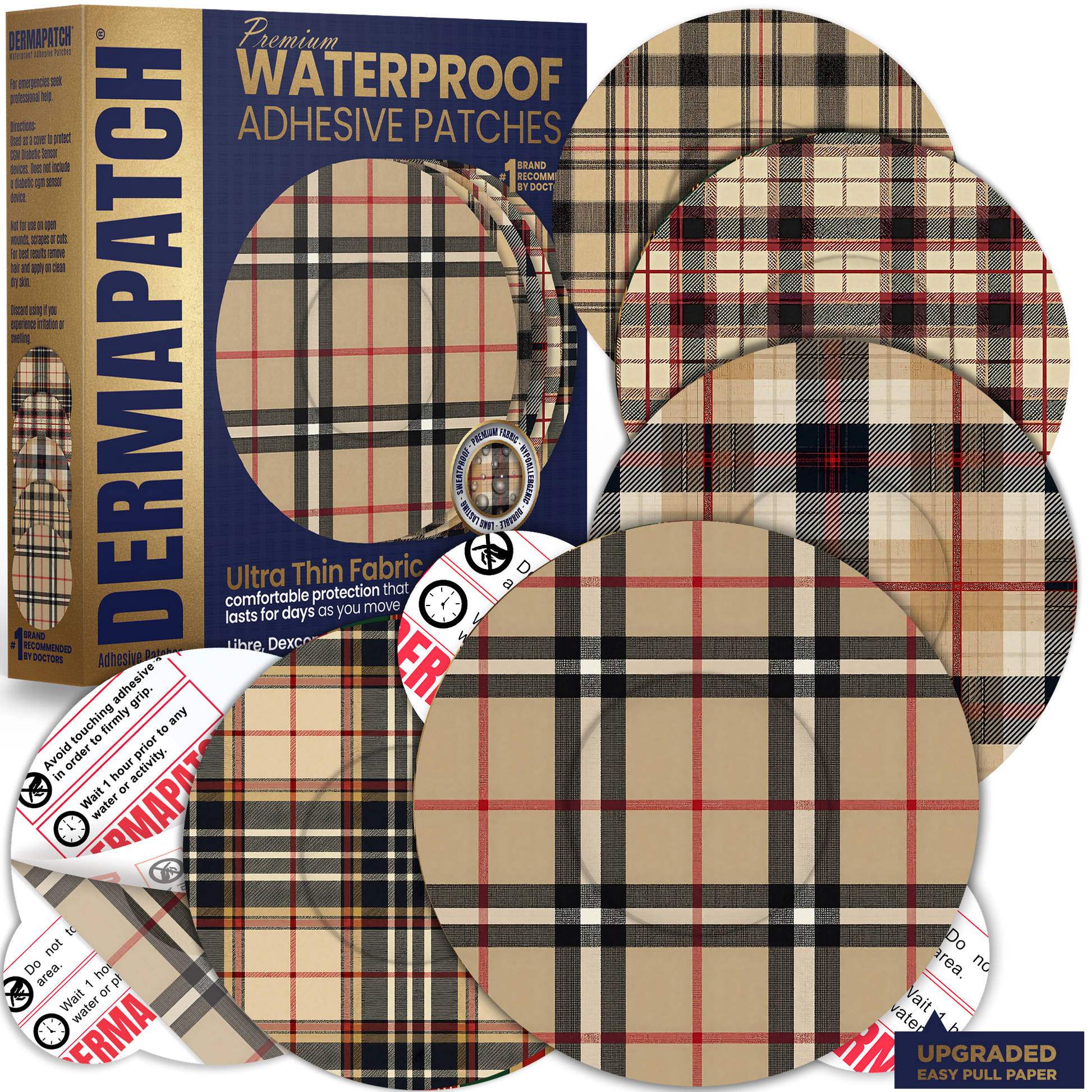 DermaPatch® Luxury Plaid CGM Sensor Covers – Waterproof Adhesive Patches for Libre 3, Libre 2 & Dexcom G7/G6 (No Glue Center, 14-Day Hold) - 20 Pack