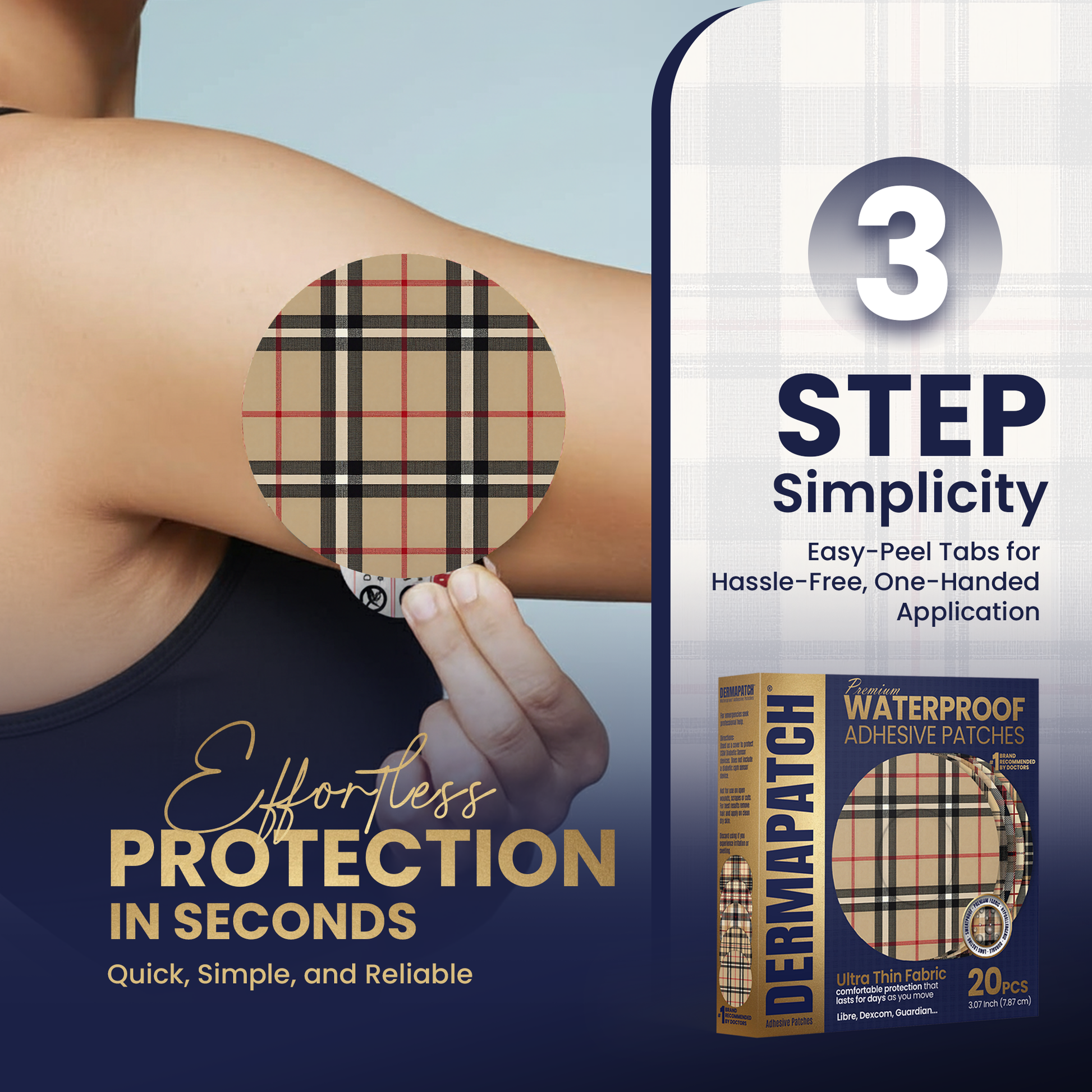 DermaPatch® Luxury Plaid CGM Sensor Covers – Waterproof Adhesive Patches for Libre 3, Libre 2 & Dexcom G7/G6 (No Glue Center, 14-Day Hold) - 20 Pack