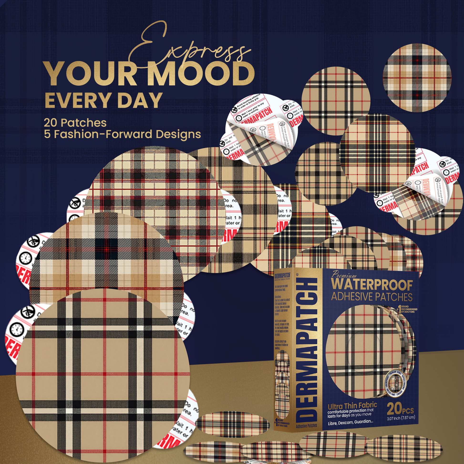 DermaPatch® Luxury Plaid CGM Sensor Covers – Waterproof Adhesive Patches for Libre 3, Libre 2 & Dexcom G7/G6 (No Glue Center, 14-Day Hold) - 20 Pack