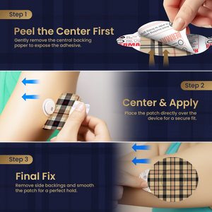 DermaPatch® Luxury Plaid CGM Sensor Covers – Waterproof Adhesive Patches for Libre 3, Libre 2 & Dexcom G7/G6 (No Glue Center, 14-Day Hold) - 20 Pack