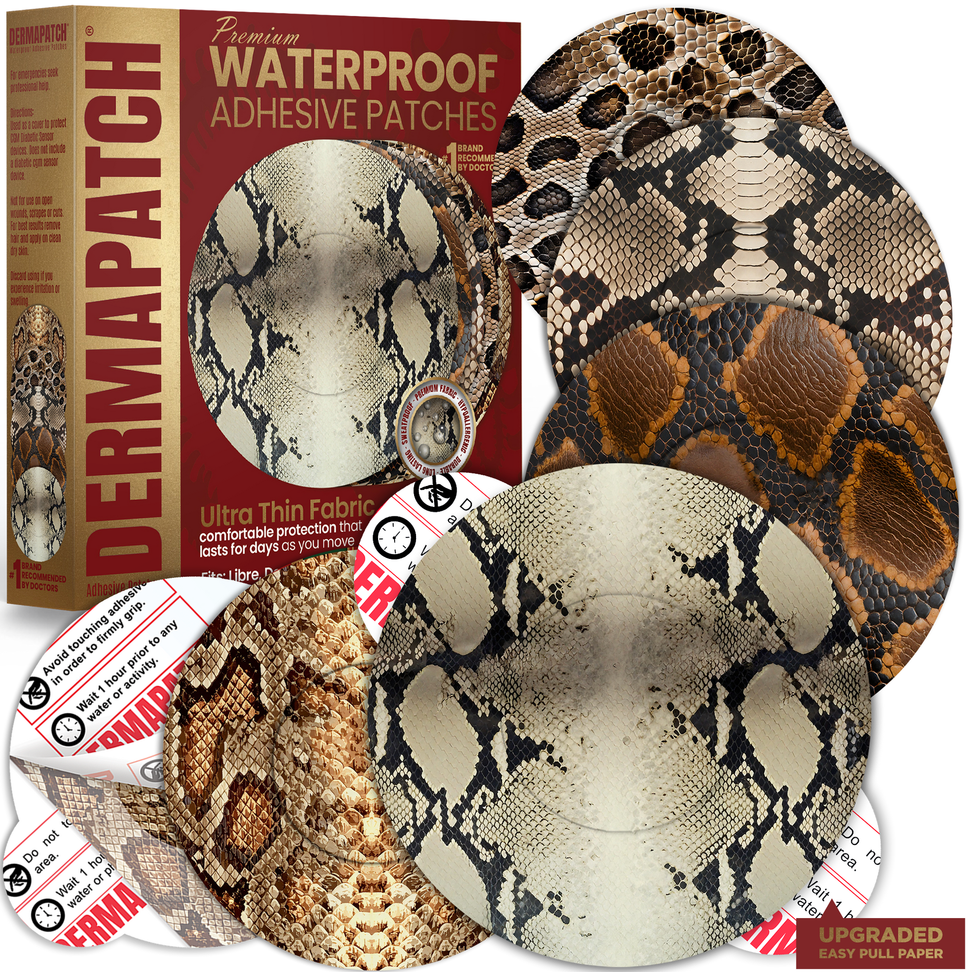 DermaPatch® Snake Skin CGM Sensor Covers – Waterproof Adhesive Patches for Libre 3, Libre 2 & Dexcom G7/G6 (No Glue Center, 14-Day Hold) - 20 Pack