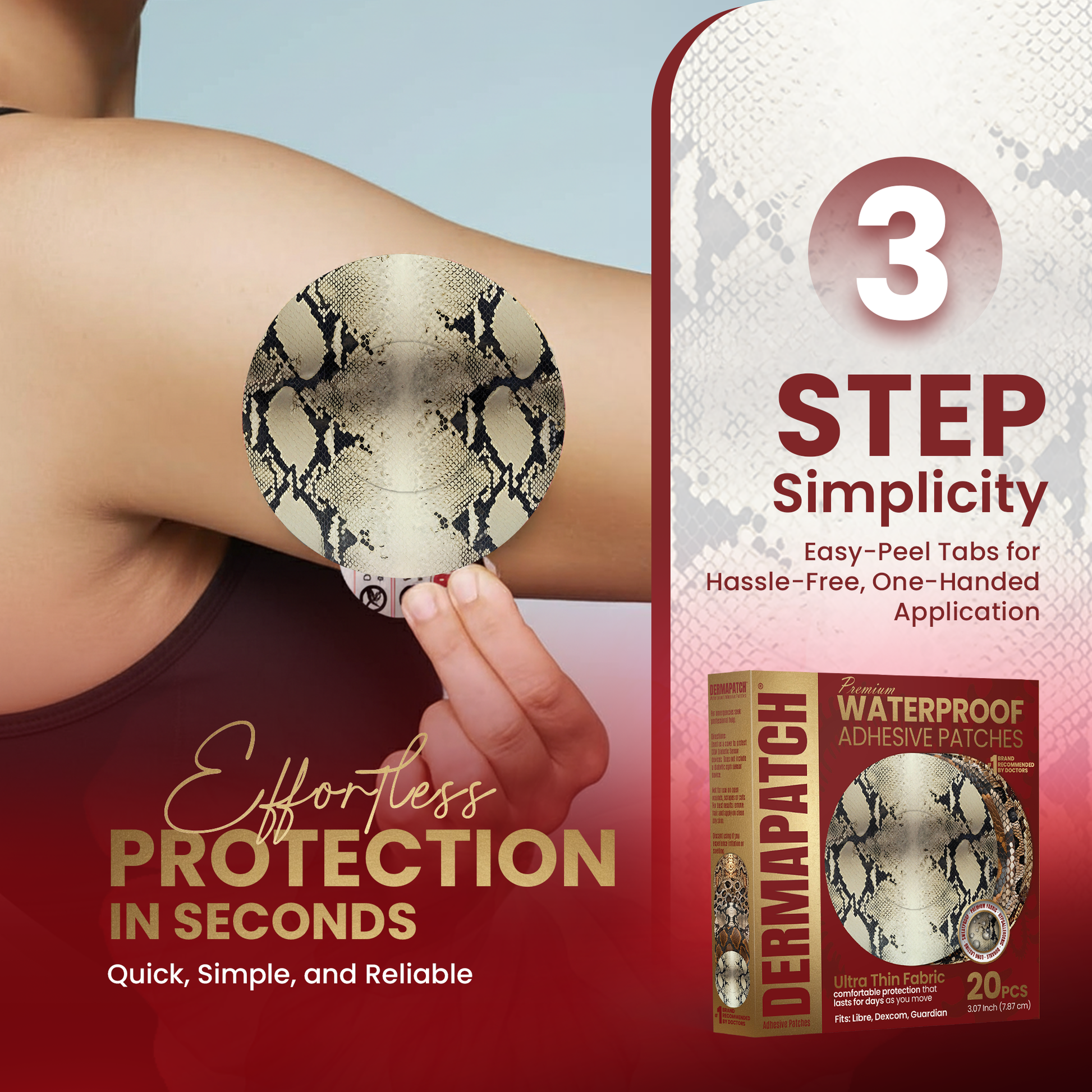 DermaPatch® Snake Skin CGM Sensor Covers – Waterproof Adhesive Patches for Libre 3, Libre 2 & Dexcom G7/G6 (No Glue Center, 14-Day Hold) - 20 Pack