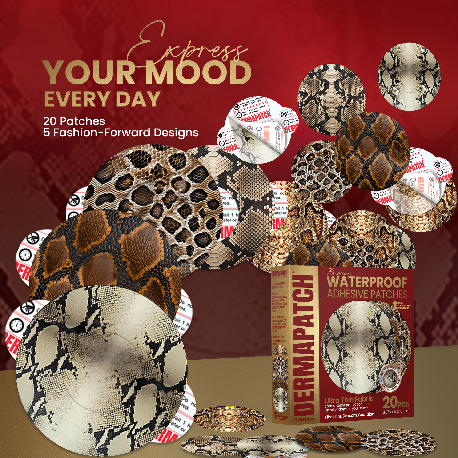 DermaPatch® Snake Skin CGM Sensor Covers – Waterproof Adhesive Patches for Libre 3, Libre 2 & Dexcom G7/G6 (No Glue Center, 14-Day Hold) - 20 Pack