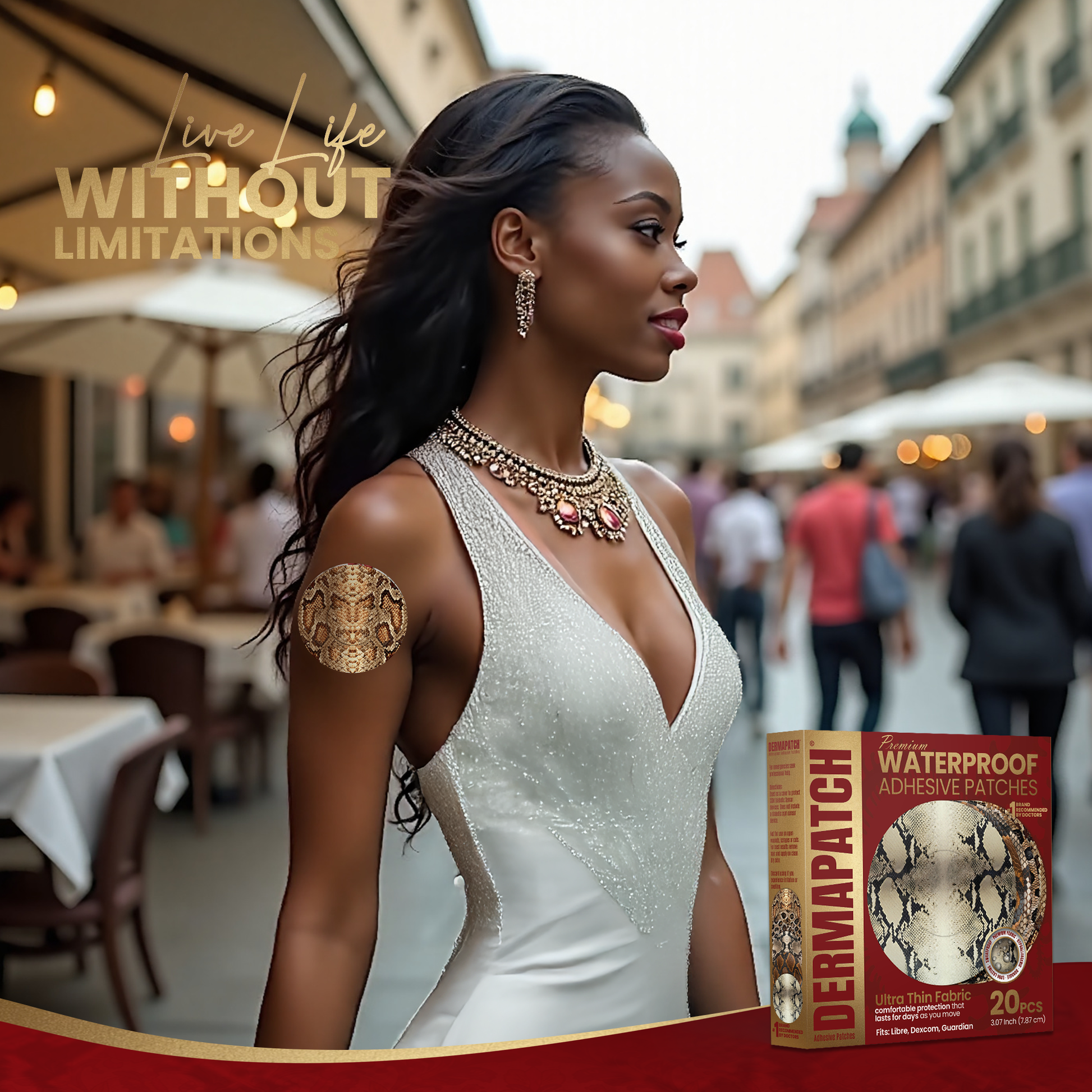 DermaPatch® Snake Skin CGM Sensor Covers – Waterproof Adhesive Patches for Libre 3, Libre 2 & Dexcom G7/G6 (No Glue Center, 14-Day Hold) - 20 Pack