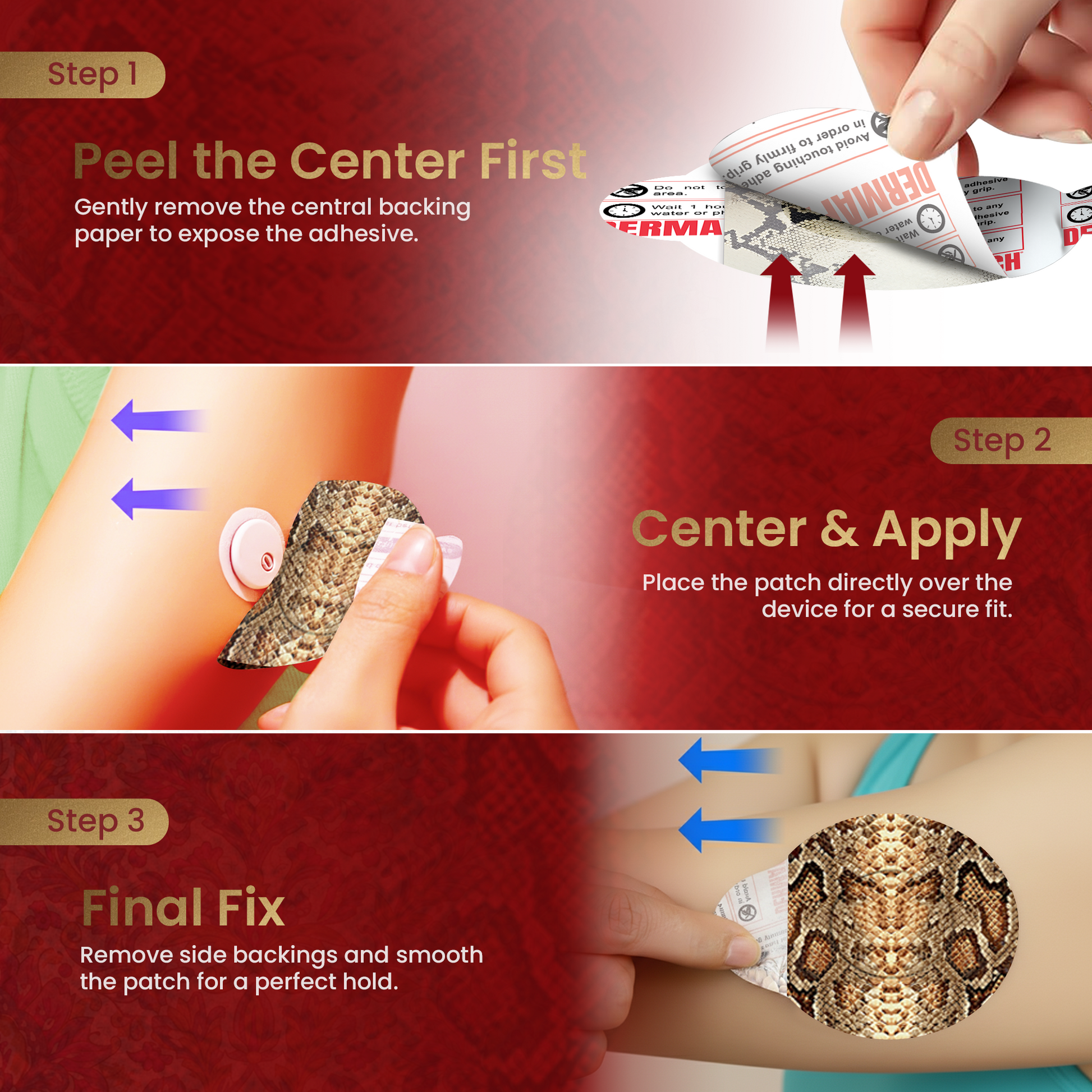 DermaPatch® Snake Skin CGM Sensor Covers – Waterproof Adhesive Patches for Libre 3, Libre 2 & Dexcom G7/G6 (No Glue Center, 14-Day Hold) - 20 Pack