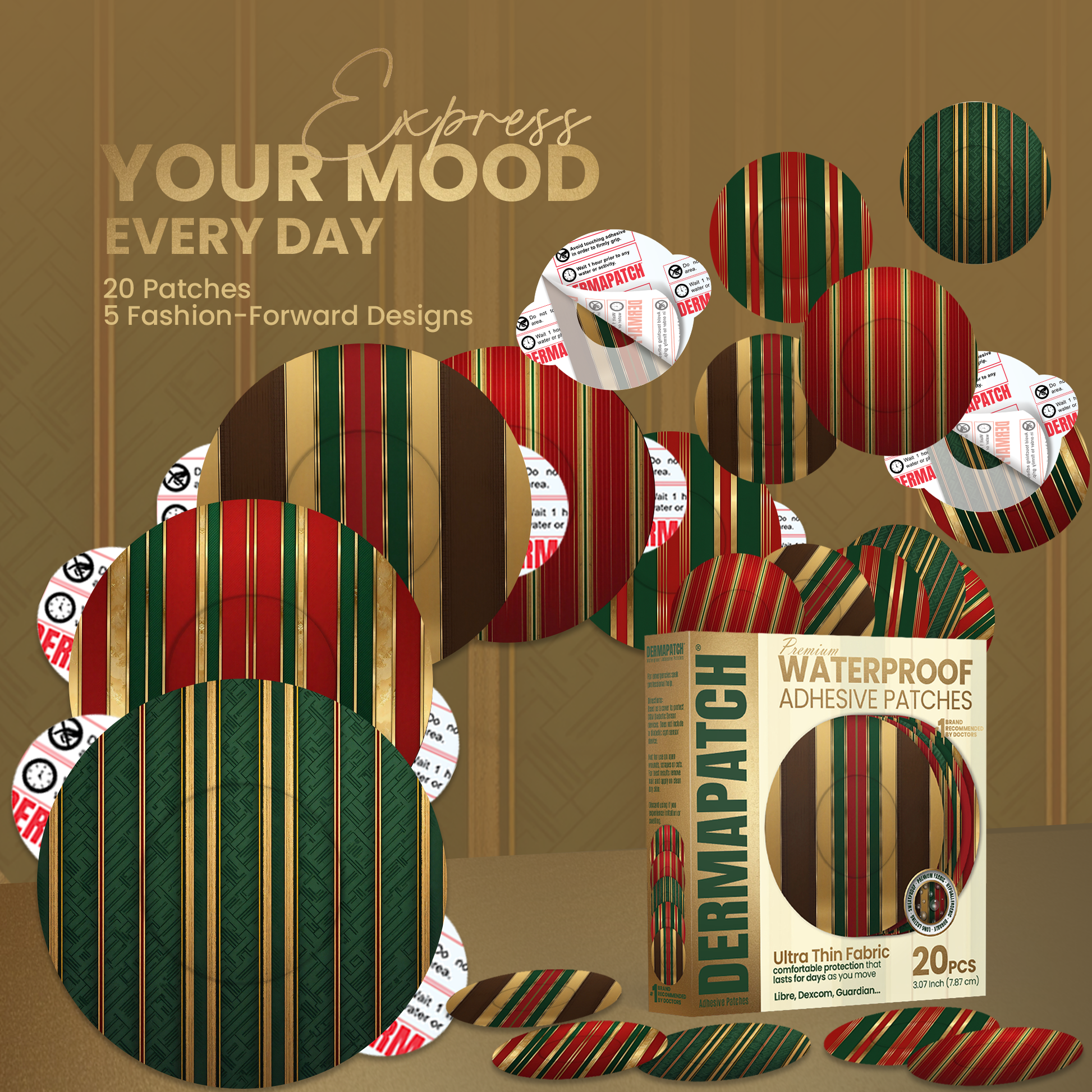 DermaPatch® Luxury Fashion CGM Sensor Covers – Waterproof Adhesive Patches for Libre 3, Libre 2 & Dexcom G7/G6 (No Glue Center, 14-Day Hold) - 20 Pack